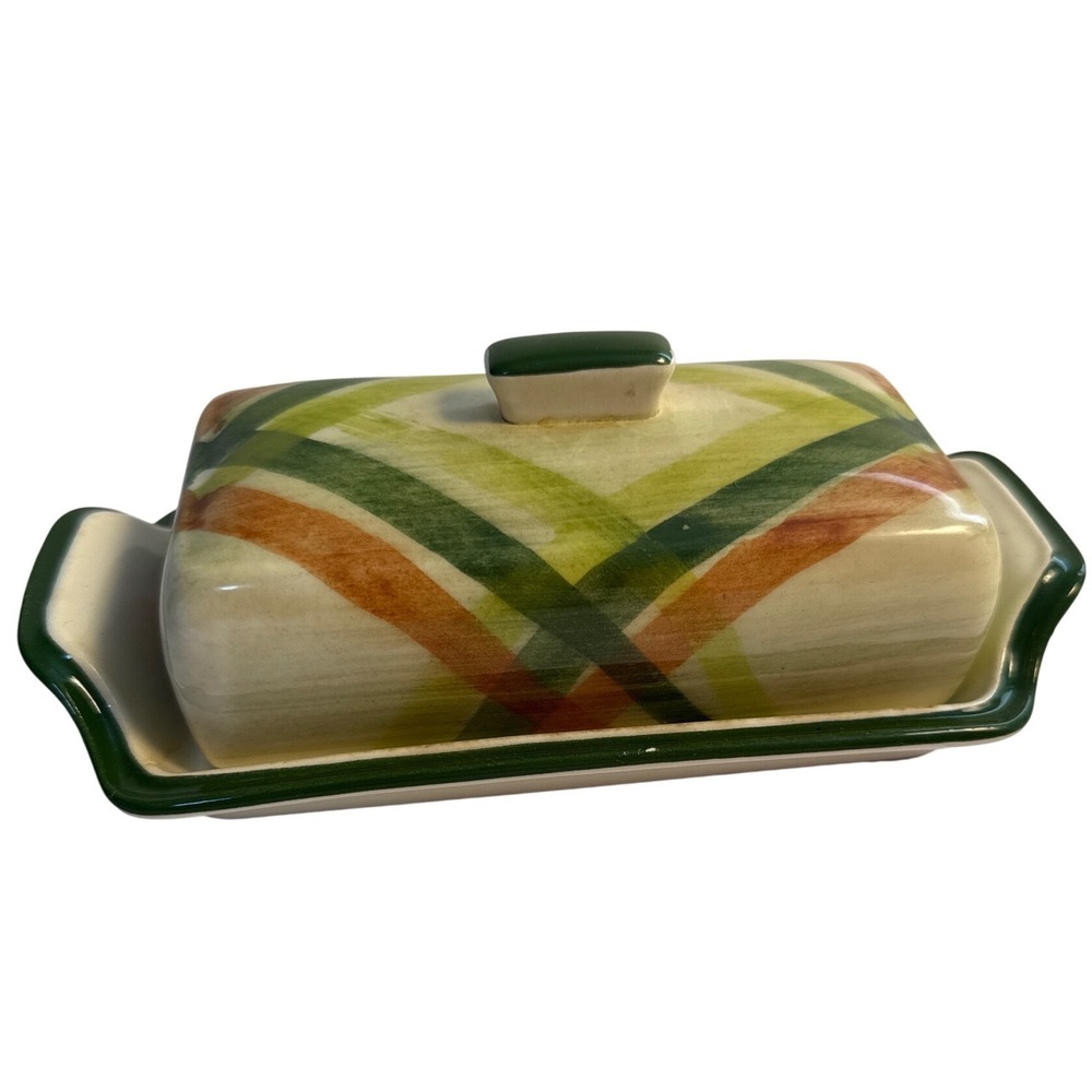 Vintage Metlox Vernonware Homespun Covered Quarter pound butter dish poppytail